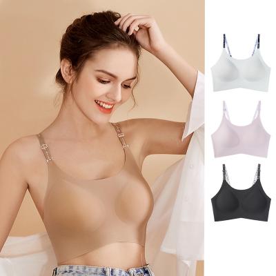 China Wholesale Traceless 4 Colors Women Breathable Bra One Piece Straps Custom Free Size Letter Logo With Removable Chest Pad #8706 for sale