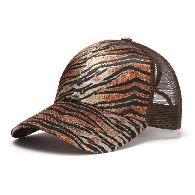 China Customized Cheap Hat COMMON Baseball Caps Summer Outdoor Sport Leopard Print Mesh Hat 6 Panel Cotton Trucker Hat for sale