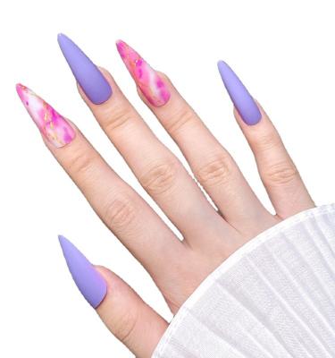 China New design fashion extra long nail tips gold bloom powder and elegant purple fake nails with glue press on nail packing box for sale