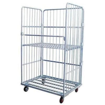 China Collapsible Stackable Wholesale Powder Coated Steel Wire Roll Heavy Duty Container Storage Cage Cart for sale