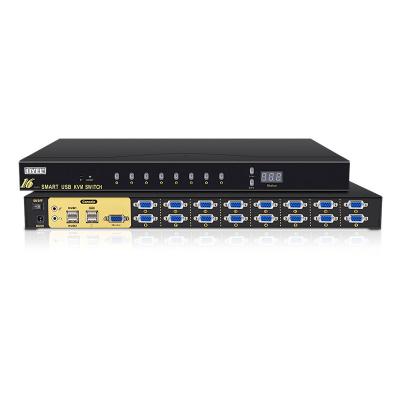 China Factory Metal Can OEM 16 Port USB VGA KVM Fully Automatic Switch 16X1 VGA KVM High Quality Switch With USB Hub Support 1920X1440@60HZ for sale