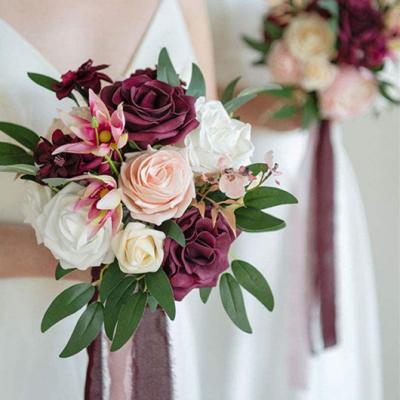 China Realistic Silk Flower Long Stem Wedding Bridesmaid Artificial Flower Roses Bouquet For Party Wedding Home Decoration for sale