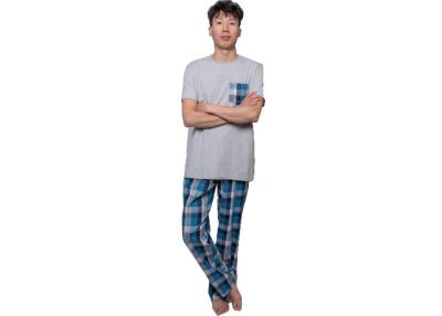 China Short Sleeve Long Pant Cotton Checked Pyjamas / Nightwear , Solid Top Checkered Pjs for sale