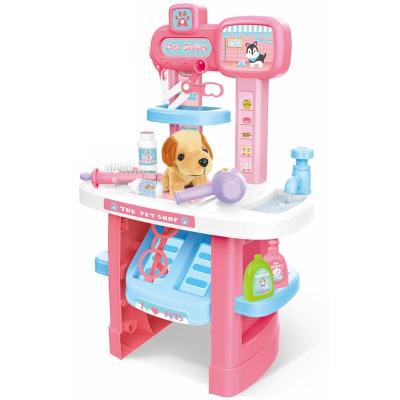 China Pretend Educational Game Kids Plush Dog Pretend Pet Grooming Table Care Toy Cleaning Set 76.5*52*57.5cm for sale