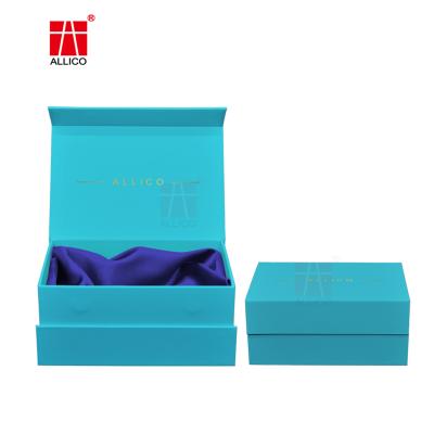 China Recycled Materials Wholesale Cyan High End Gift Box Magnet Closed Book Box Custom Sensitive Handwork Wig Box With Satin for sale