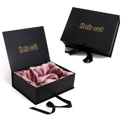 China Custom Recycled Materials LOGO Size Black Paper Gift Wig Box Luxury Recycled Gift Packaging Box With Ribbon for sale