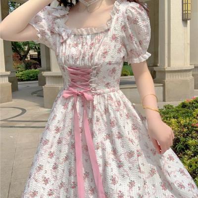 China Sustainable Elegant Floral Dress Women Lace Up Korean Princess Fairy Sweet Midi Dress Bandage Chic Designer Puff Sleeve Casual Dress Summer for sale