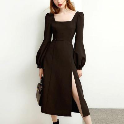 China Sustainable Black Retro Split Dress Women Elegant Midi Designer Dress Female Long Sleeve Hepburn Style Chiffon Vintage Dress Fall Women for sale