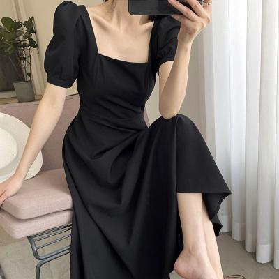 China Sustainable Square Collar Black Casual Dresses for Women Short Sleeve Elegant Midi Dress One Piece Dress Korean Office Lady 2023 Summer Chic for sale