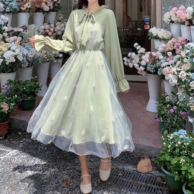 China Sustainable Spring College Chiffon Long Sleeve Fairy Dress Party Green Dresses Kawaii Clothes Women Clothing Harajuku Korean Lace Fashion for sale