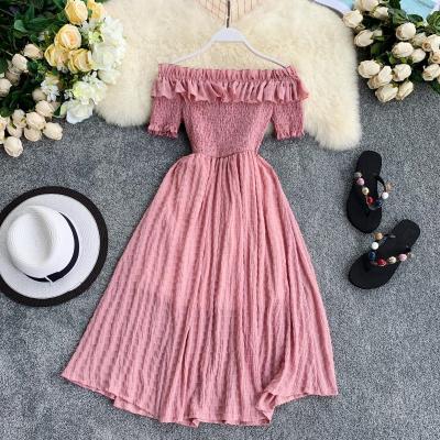 China Sustainable korean Women Summer Dresses Plaid Slash Neck Off Shouder Solid Vestidos Ruffles A-line High Waist Dress Femme PZ1826 for sale