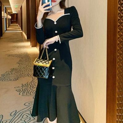 China Sustainable Korea Fashion Black Elegant Dress Office Lady 2023 Autumn Vintage Midi Dress Women Casual Long Sleeve Evening Party Dress Button for sale