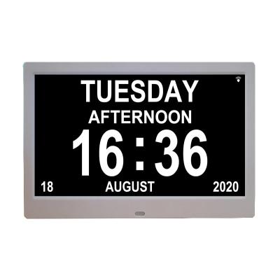 China Sizes 10 Inch Large Table Watch 3 Alarms 8 Languages ​​5 Medicine Reminder White Wifi Led Clock With Photo Video Playback for sale