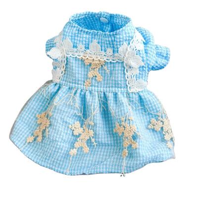 China DERTA Viable Factory Wholesale Pet Clothes Teddy Bichon Dog Clothes Cat Clothes Vintage Lace Blue Plaid Skirt for sale