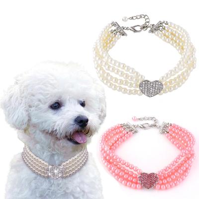 China JEWELED 4 Rows Beads Rhinestone Heart Pendant 3 Colors Jeweled Dog Collars Fast Shipping for sale