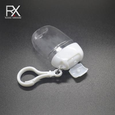 China BEAUTY PACKAGING Guangzhou Logo Sanitizer Plastic Bottle 30Ml Custom Holder Hanging PETG Bottle With Snap Hook Plastic Bottle With Key Ring for sale