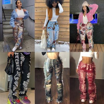 China Cheap Floral Print Women's Anti-wrinkle Hot Sale Streetwear Pants And Trousers Fringe Tassel Trousers for sale