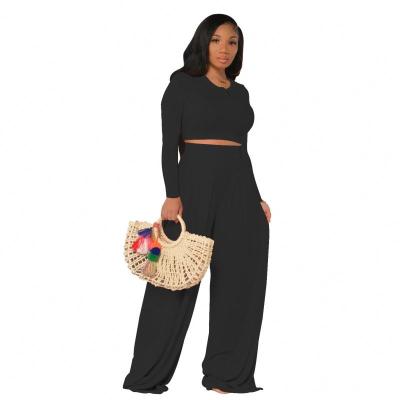 China 2021 Wholesale Anti-wrinkle OEM Long Sleeve Round Neck Crop Top Wide Leg Pants High Waist for sale