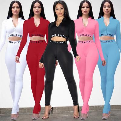 China Autumn Winter Women Tracksuits Crop QUICK DRY Tops Two Piece Outfits Set Solid Color Letter Print Tracksuits Pants Trousers Two Piece Set for sale