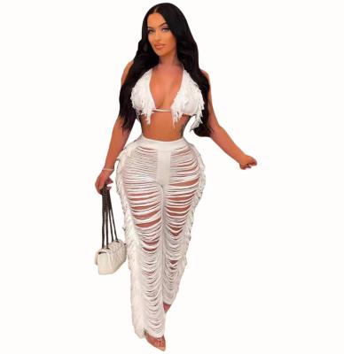 China STREETWEAR fashion women's solid color knitted tassel bikini top pants two pieces set swimwear 2 piece pants set for sale