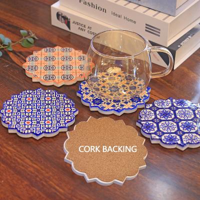 China Viable Custom Flower Cork Ceramic Coaster Print Pattern Set for sale