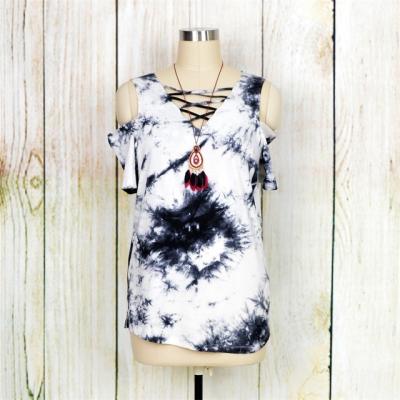 China Anti-Shrink Women Tie Dye Cold Shoulder Tee Shirt With Criss-Cross Neck for sale