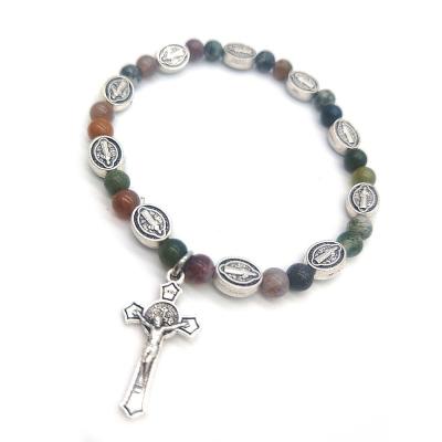 China Durable Natural Stone Cross Bracelet Icon Agate Jesus Cross Crucifix Catholic Religious Rosary Bracelet for sale