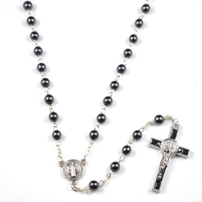 China Durable Natural Black Hematite Rosary Beads Cross Macrame Long Jesus Necklace Men Beaded Adjustable for sale