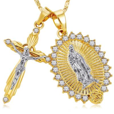 China Durable Luxury Jewelry 18k Gold Diamond Jesus Cross Virgin Mary Necklace Catholic Religion Necklace for sale