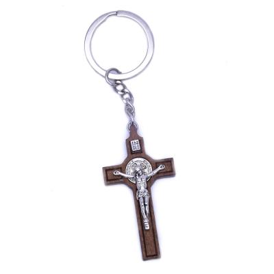 China Durable Custom Wooden Pendant Metal Jesus Keychain With St Benedict Religious Key Chain Cross for sale