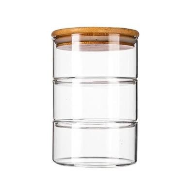 China Morden Glass Food Storage Jar with Stacked Bamboo Lid for sale