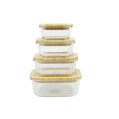 China New Design Heatable Wholesale Custom Glass Food Storage Containers Glass Lunch Box Set With Bamboo Lids for sale