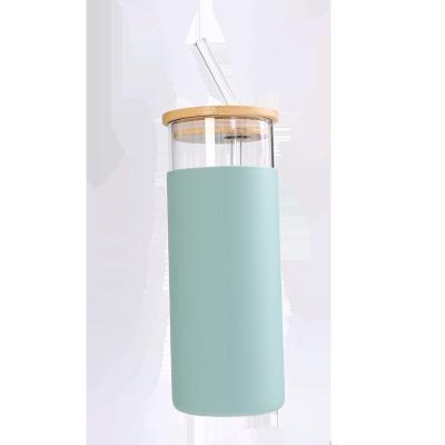 China Morden glass water bottle with bamboo lid, silicone cover, stainless steel straw. for sale