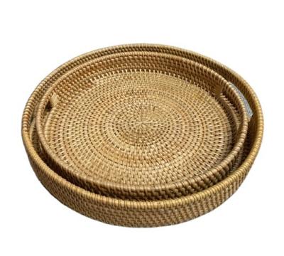 China Sustainable Woven Rattan Dishes Tea Serving Tray Business Round Rattan Tray With Handles Made Rattan Serving Tray Vietnam for sale