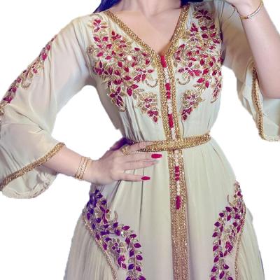 China Polyester Middle East Women Sexy Chiffon Embroidered Dress With Belt Fashionable Handsome Clothes for sale