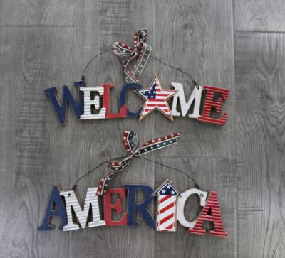 China USA DECOR RWB Decoration WELCOME/AMERICA WOODEN Wall Hanging Sign for sale