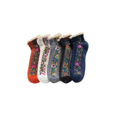 China QUICK DRY vintage thick jacquard knitted breathable elastic floral embossed soft lady cotton ankle women socks anti-slip OEM wholesale for sale