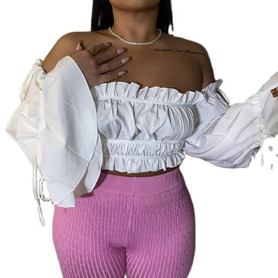 China Rocket Sleeve Off The Shoulder Cropped Solid Breathable Blouse Women Slimy Selvedge Cropped Off The Shoulder Blouse for sale