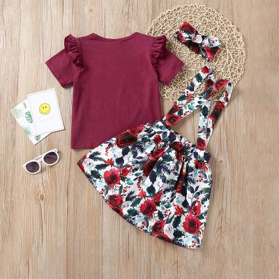 China Wholesale ENGLAND STYLE ENGLAND STYLE Wine Red Rose Skirt Baby Clothes Summer Clothes Suspender Kids 3 Piece Suit for sale