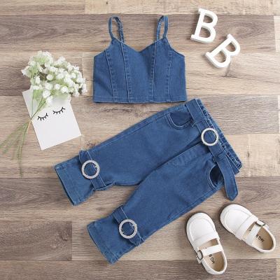 China Casual Fashion Kids 2pcs Kids Casual Baby Girls Outfits Summer Denim Off Shoulder Cropped Tops+belt Long Pants Sets Casual Wear for sale