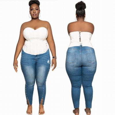 China Hot Selling Other Women's Denim Solid Light Blue Beaded Skinny Side Other Women Pants Jeans Plus Size for sale