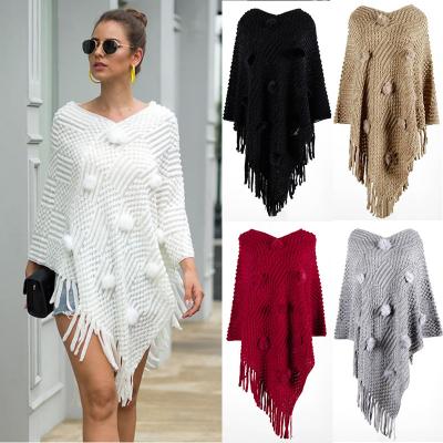 China V-Neck Poncho Diagonal Sweater Wholesale Other Soft Knitted Women's Coat Sweater Tassel Fringe Cape Shawl Pompoms Streetwear for sale