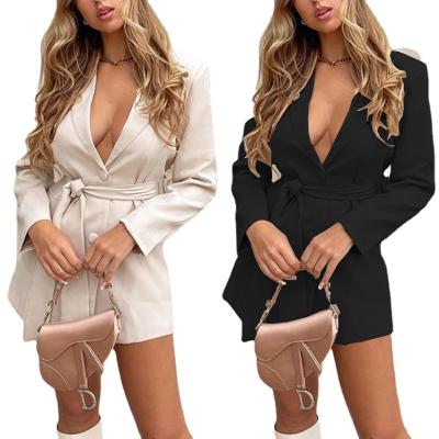 China A1008 New Breathable Pure Color Woman Long Sleeve Tie Neck Waist Office Blazer Jacket Sexy Notched Female Dresses for sale