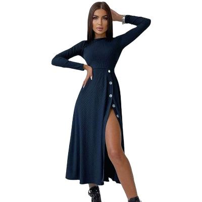 China 2021 Falls New Fashion Round Neck Breathable Solid Color Long Secy High Sleeve Women's Casual Split Dress for sale