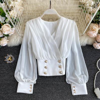 China Viable Lady Shirt Spring Autumn New Women British Retro High Waist Chiffon Blouse White Black White Short Tops N971 for sale