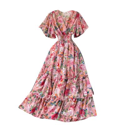 China Sexy V-Neck Ladies Dresses Vestidos Mujer Summer Fashion Viable Ruffl Women High Waist Cheap Floral Print Slim Casual Wear P211 for sale