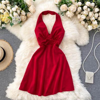 China New Fashion Elegant Women Club Ladies Solid Color Vestidos Vestidos Sleeveless Sleeveless Casual Outfits Korean Sexy Halter Backless V-neck for sale