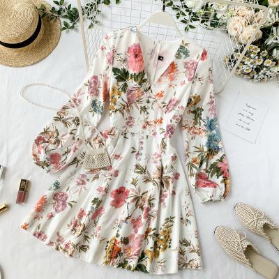 China Sweet Floral Print Vestidos A-Line Viable Women J174 2021 Spring Autumn V-Neck Long Sleeve Party Casual Elegant Dresses for sale