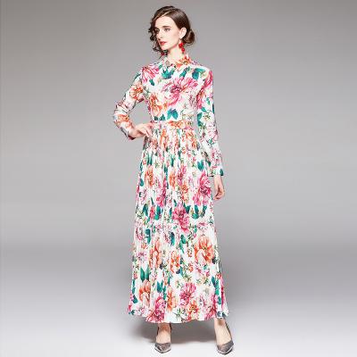 China New Fashion T700 Women's Viable Lapel High Waist Long Slim Printing Pleated Sleeve Vestidos Elegant Plus Size Clothes Career Dresses for sale