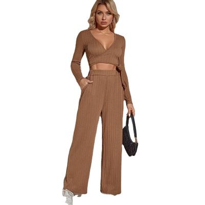 China A449 Viable New Knit Long Sleeve V-Neck Shorts Tops Wide Leg Pants Women Sportswear Classic Two Piece Set Sweater Suits for sale